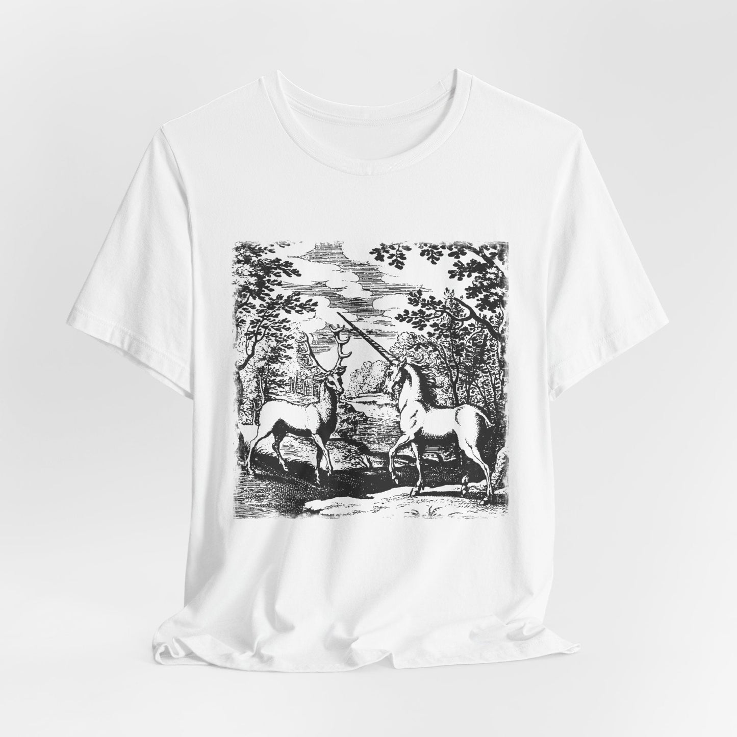 Alchemy Unicorn and a Deer Graphic Print T-Shirt, Mythical Creature Novelty Shirt, Unisex Top