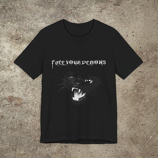 Face Your Demons Graphic T-Shirt, Unisex Black Cat Gothic Top