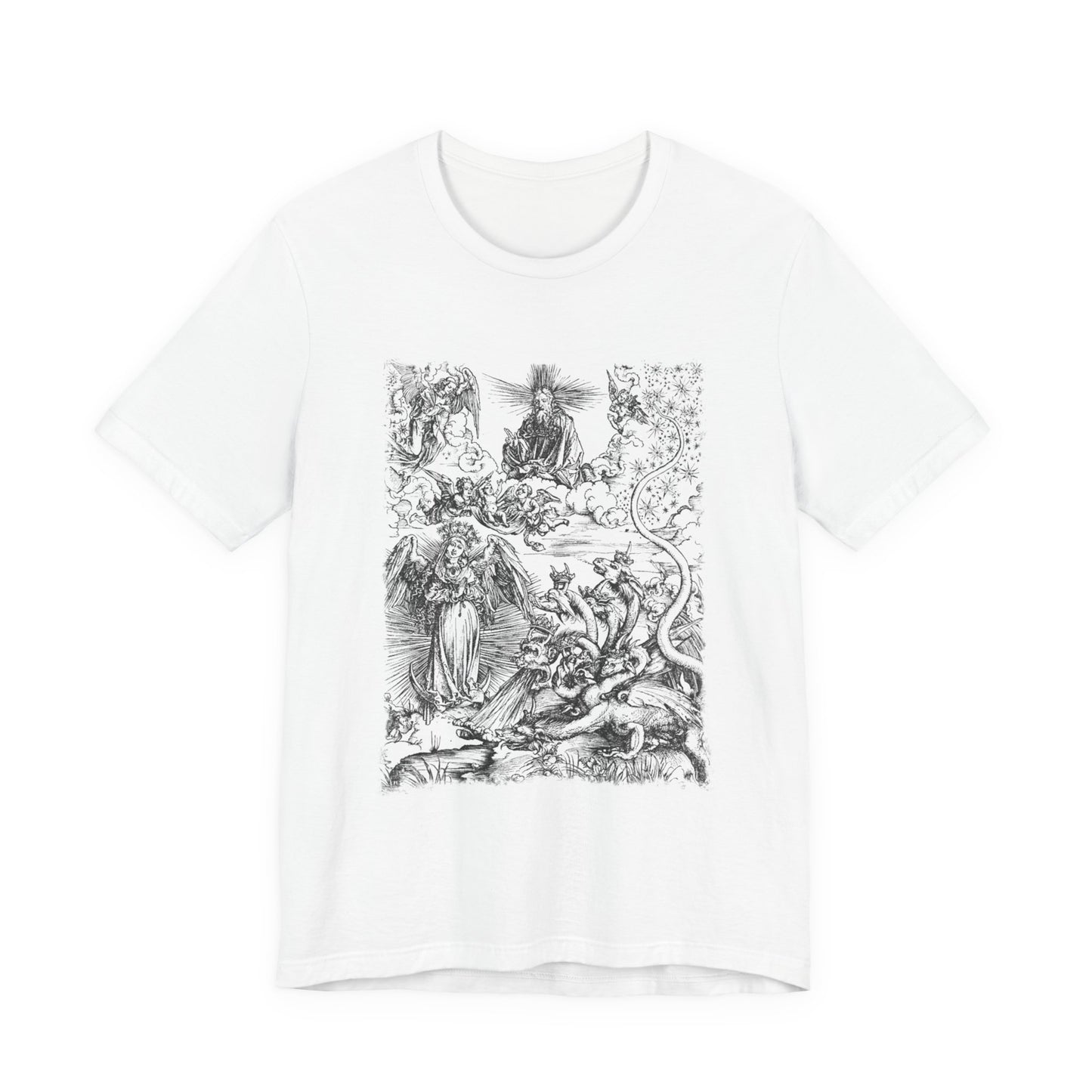 Woman of the Apocalypse and Dragon Woodcut Graphic Print, Dragon Print T-Shirt, Unisex Occult Tee
