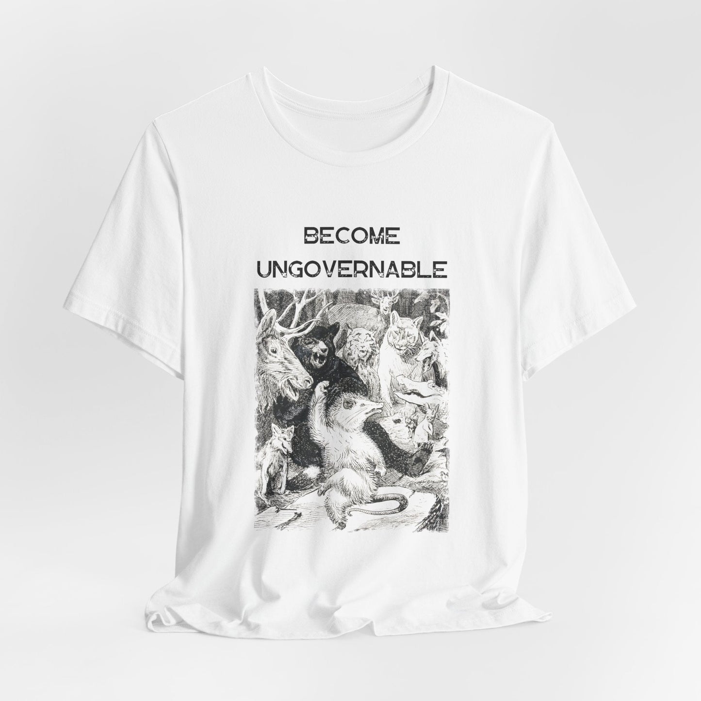 become ungovernable, dancing forest animals t-shirt, anarchistunisex tee, funny revolutionary t-shirt