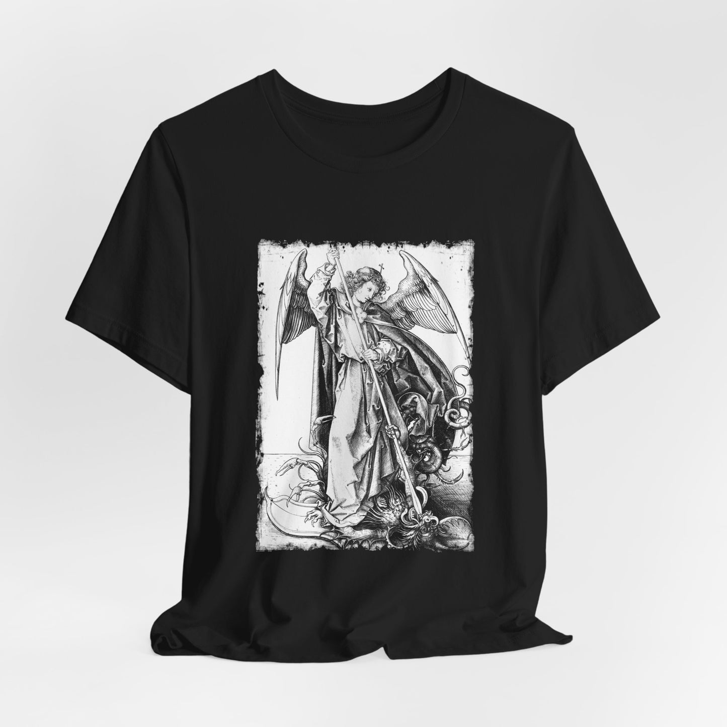 Saint Michael Slaying the Dragon Graphic Tee, Medieval Unisex Top, Gothic Print T-Shirt