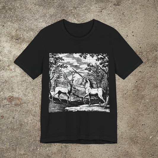 Alchemy Unicorn and a Deer Graphic Print T-Shirt, Mythical Creature Novelty Shirt, Unisex Top