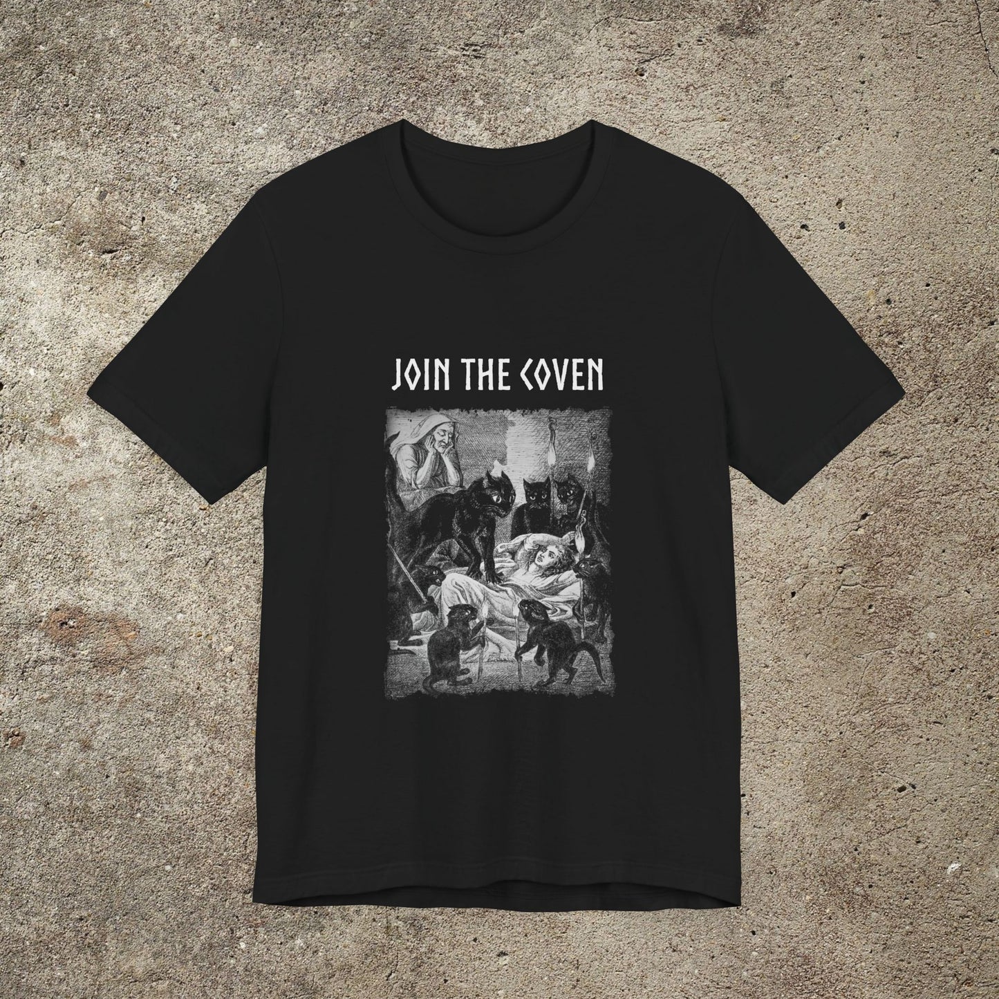 join the coven, witchcraft graphic tee, black cat, black magic t-shirt
