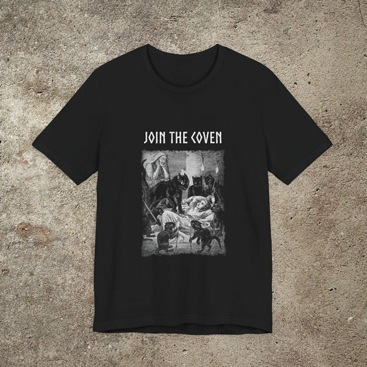 join the coven, witchcraft graphic tee, black cat, black magic t-shirt