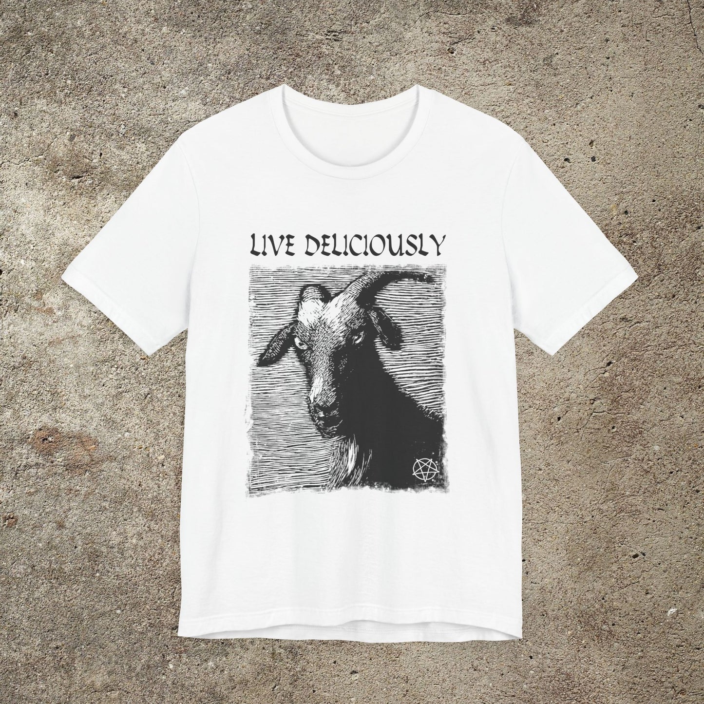 Live Deliciously Graphic Print Unisex T-shirt, Black Phillip, Witches Sabbath Tee, Witchcraft Occult Goat Top