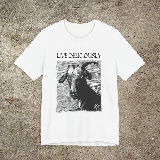 Live Deliciously Graphic Print Unisex T-shirt, Black Phillip, Witches Sabbath Tee, Witchcraft Occult Goat Top