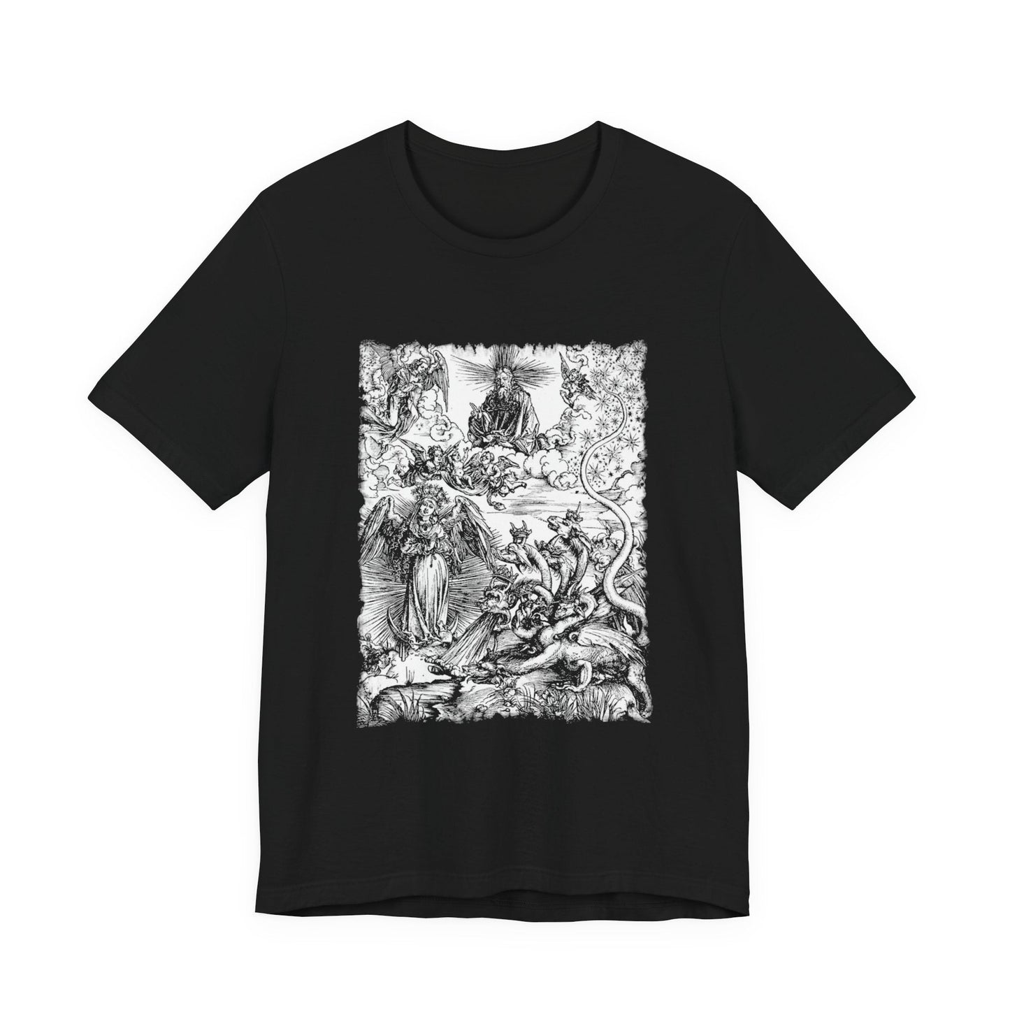 Woman of the Apocalypse and Dragon Woodcut Graphic Print, Dragon Print T-Shirt, Unisex Occult Tee