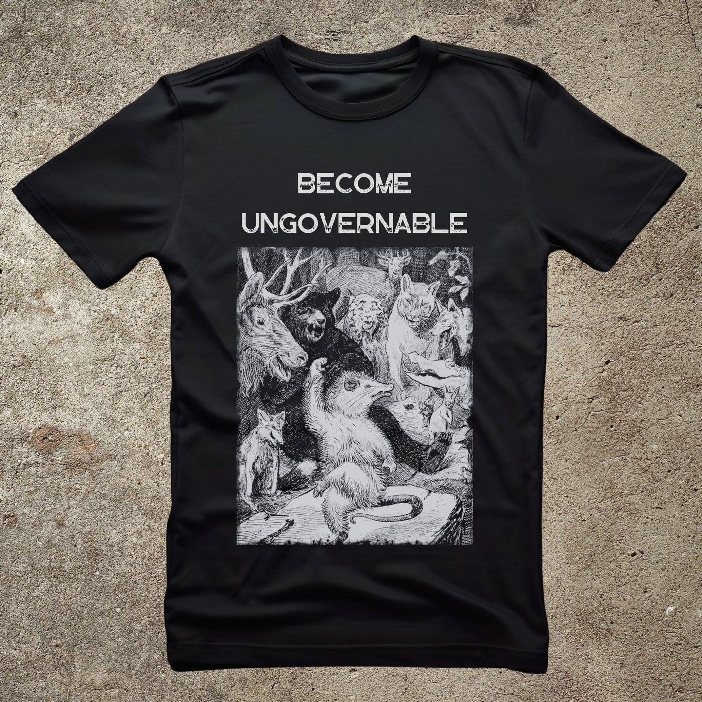 become ungovernable, dancing forest animals t-shirt, anarchistunisex tee, funny revolutionary t-shirt