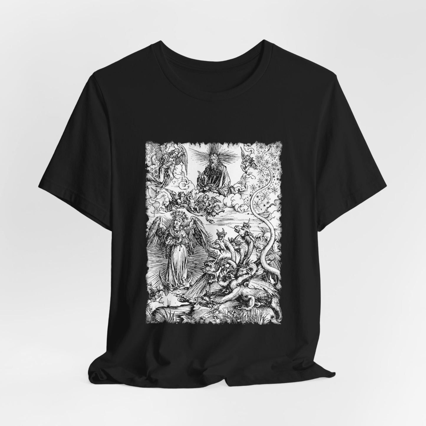 Woman of the Apocalypse and Dragon Woodcut Graphic Print, Dragon Print T-Shirt, Unisex Occult Tee