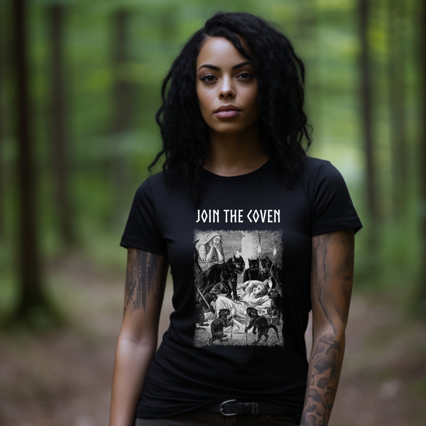 join the coven, witchcraft graphic tee, black cat, black magic t-shirt