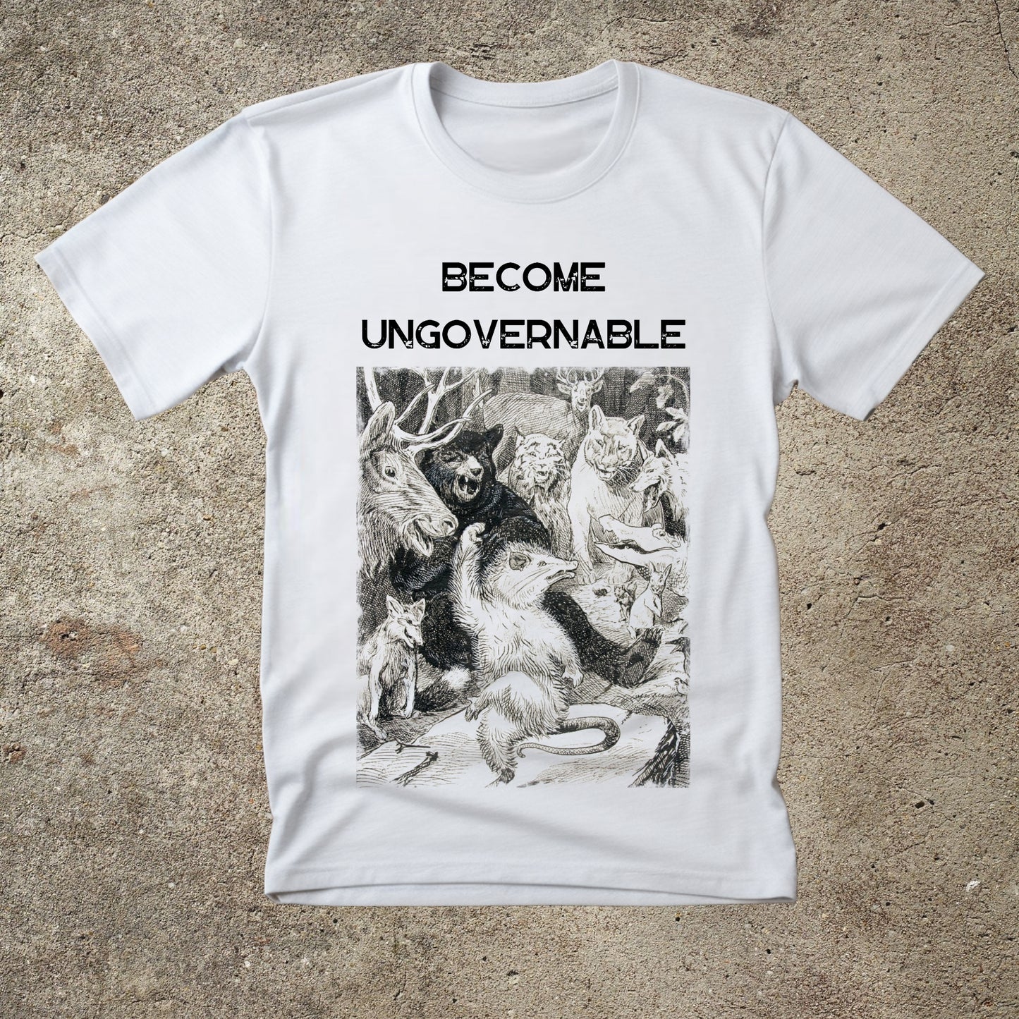 become ungovernable, dancing forest animals t-shirt, anarchistunisex tee, funny revolutionary t-shirt