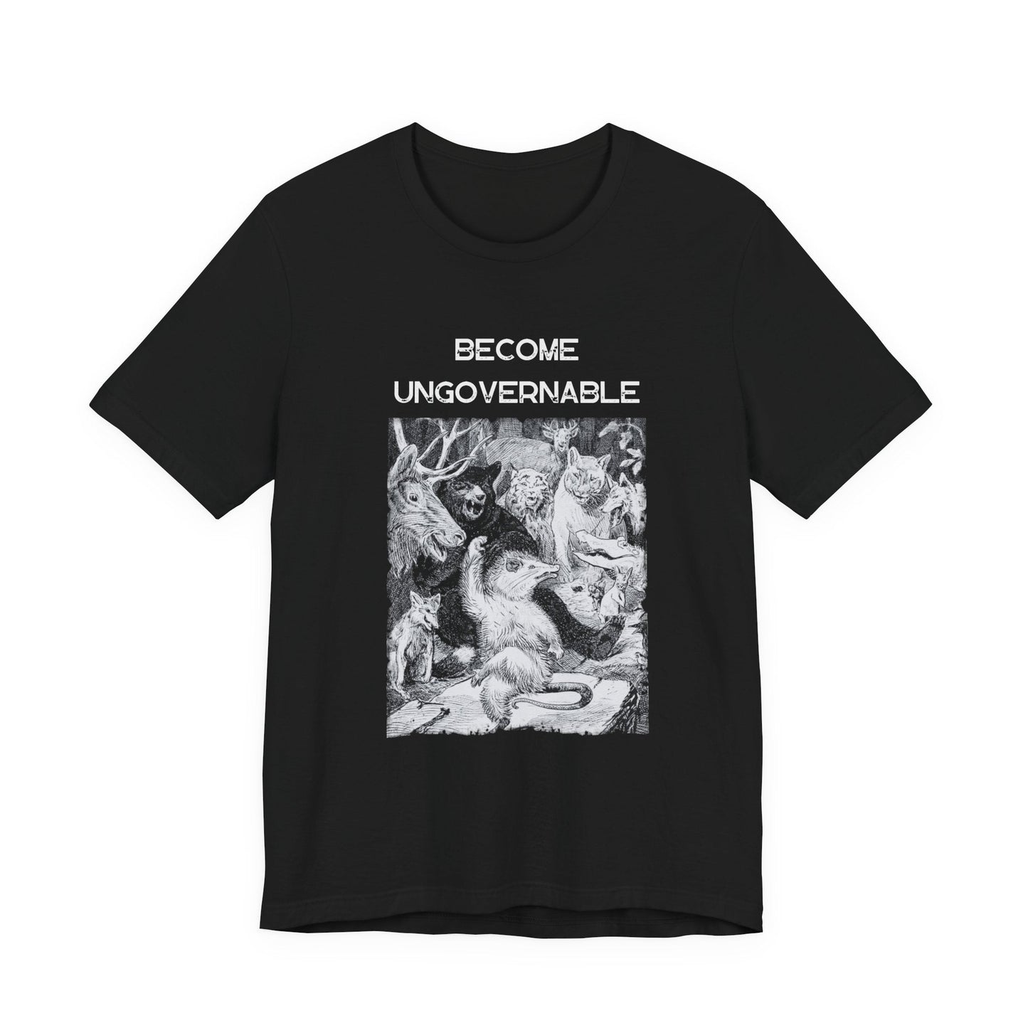 become ungovernable, dancing forest animals t-shirt, anarchistunisex tee, funny revolutionary t-shirt
