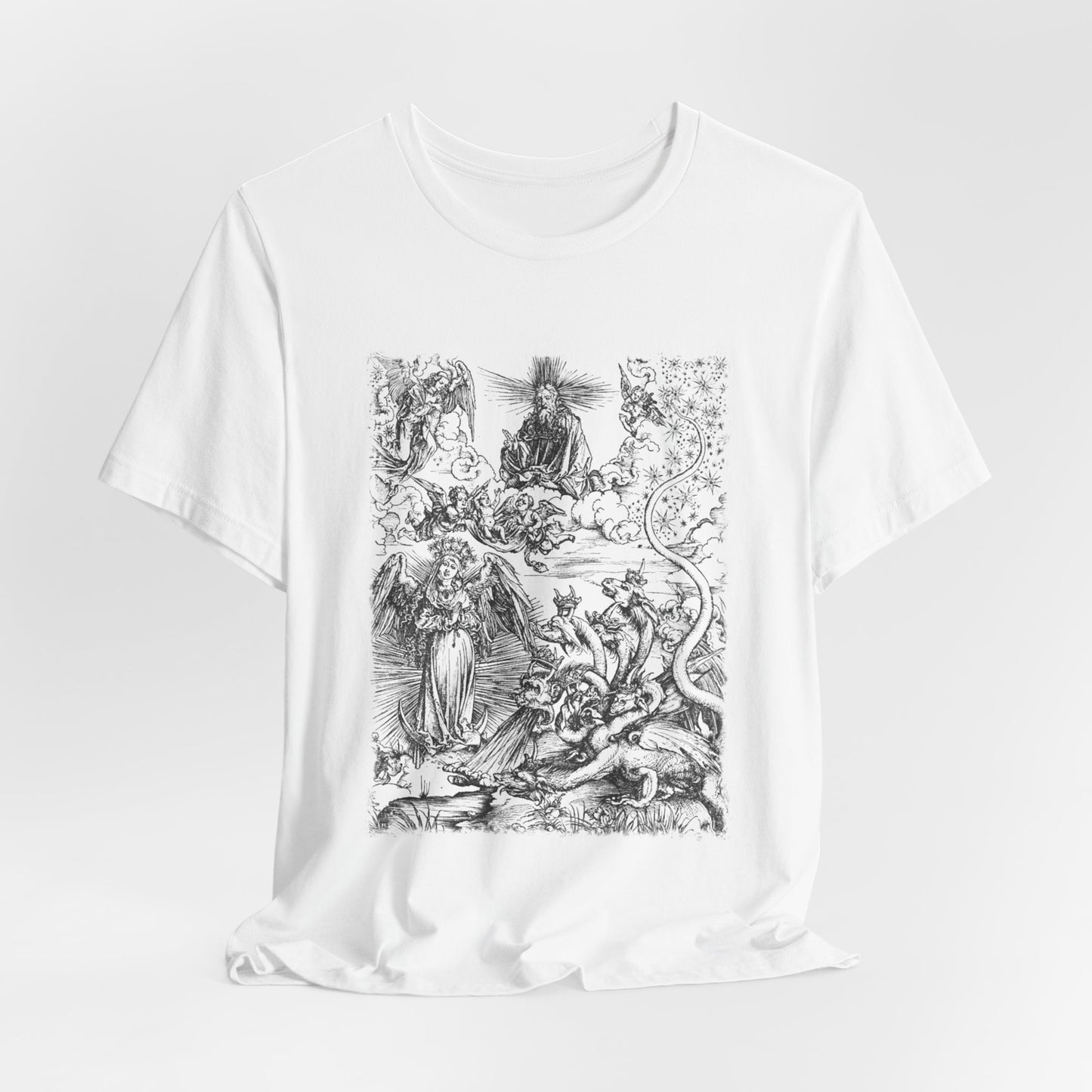 Woman of the Apocalypse and Dragon Woodcut Graphic Print, Dragon Print T-Shirt, Unisex Occult Tee