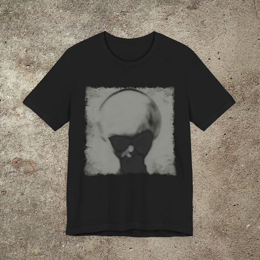 Skinny Bob Gray Alien Graphic Tee, Zeta Reticuli Skinny Bob Top, Ufologist Print Tee, Area 51 Roswell Gray Grey Alien