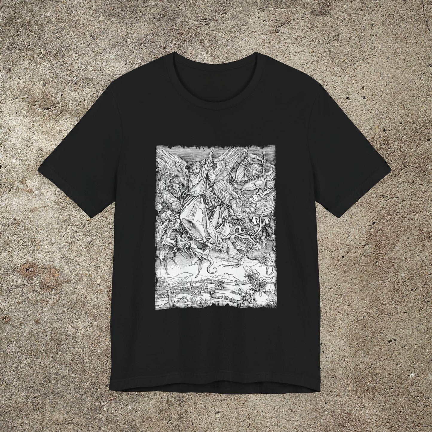 Saint Michael Slaying the Dragon Graphic Tee, Medieval Unisex Top, Gothic Print T-Shirt