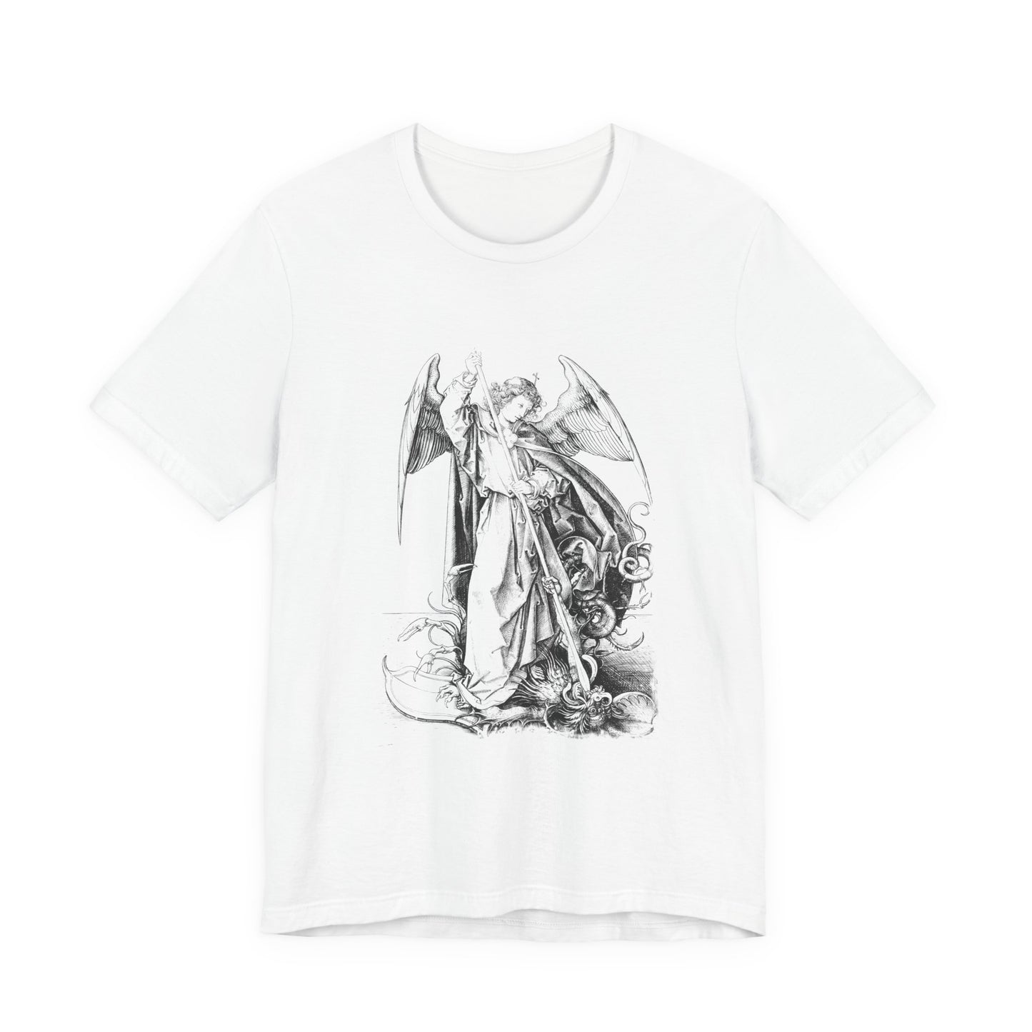 Saint Michael Slaying the Dragon Graphic Tee, Medieval Unisex Top, Gothic Print T-Shirt