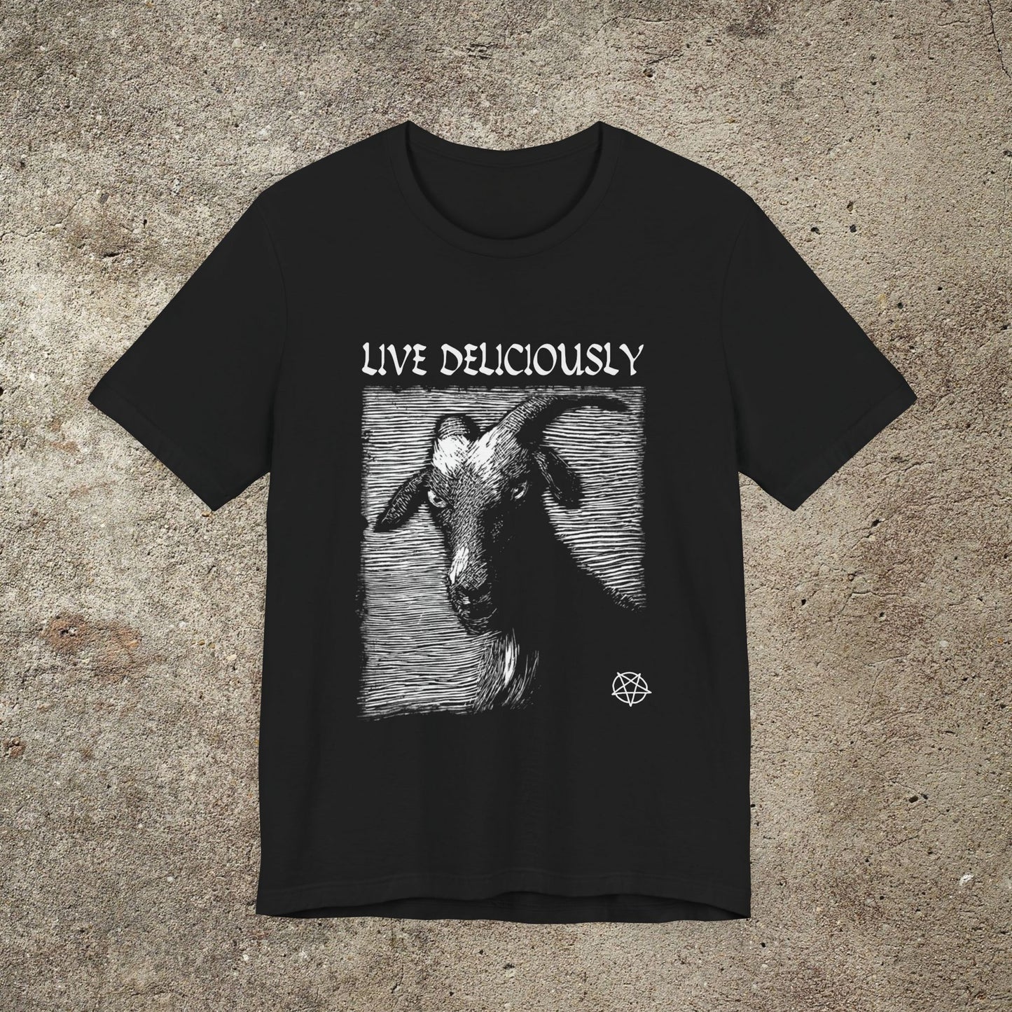 Live Deliciously Graphic Print Unisex T-shirt, Black Phillip, Witches Sabbath Tee, Witchcraft Occult Goat Top