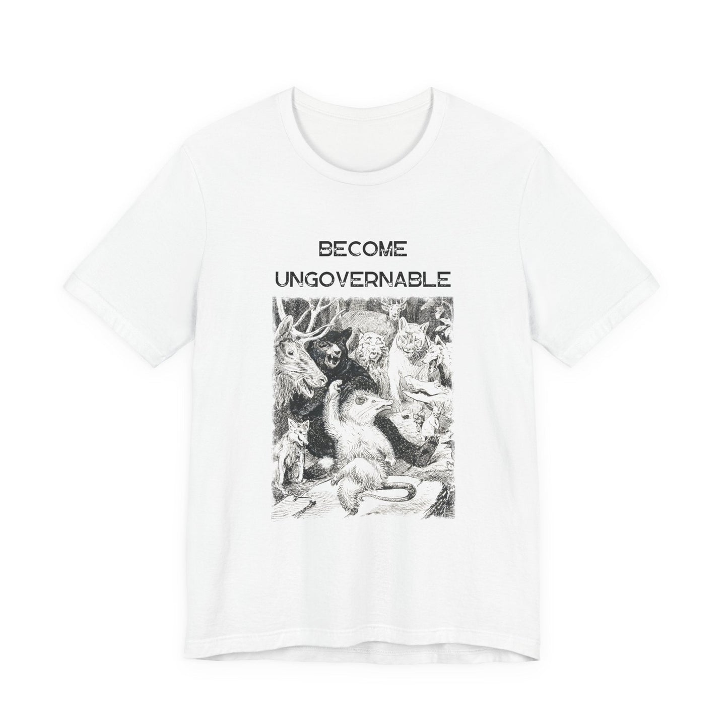 become ungovernable, dancing forest animals t-shirt, anarchistunisex tee, funny revolutionary t-shirt