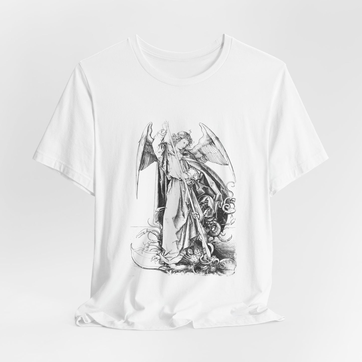 Saint Michael Slaying the Dragon Graphic Tee, Medieval Unisex Top, Gothic Print T-Shirt