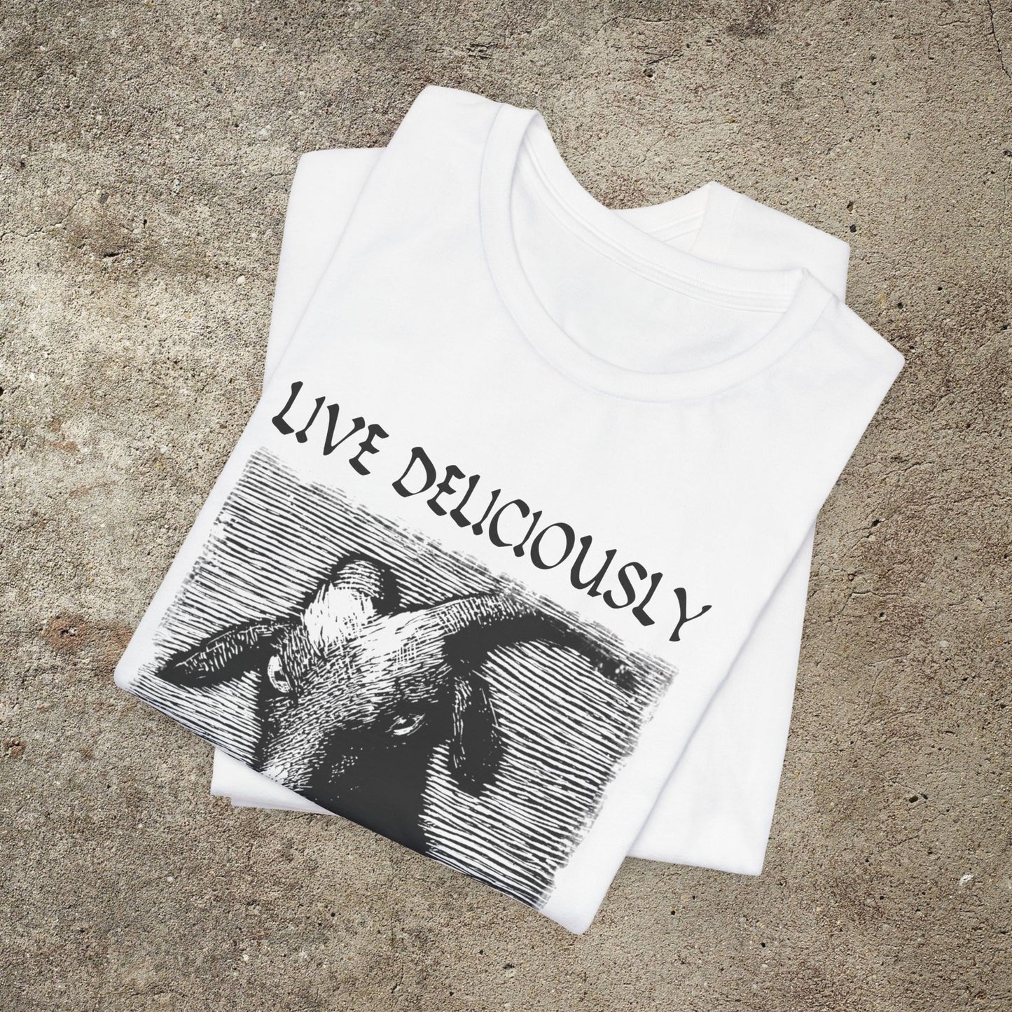 Live Deliciously Graphic Print Unisex T-shirt, Black Phillip, Witches Sabbath Tee, Witchcraft Occult Goat Top