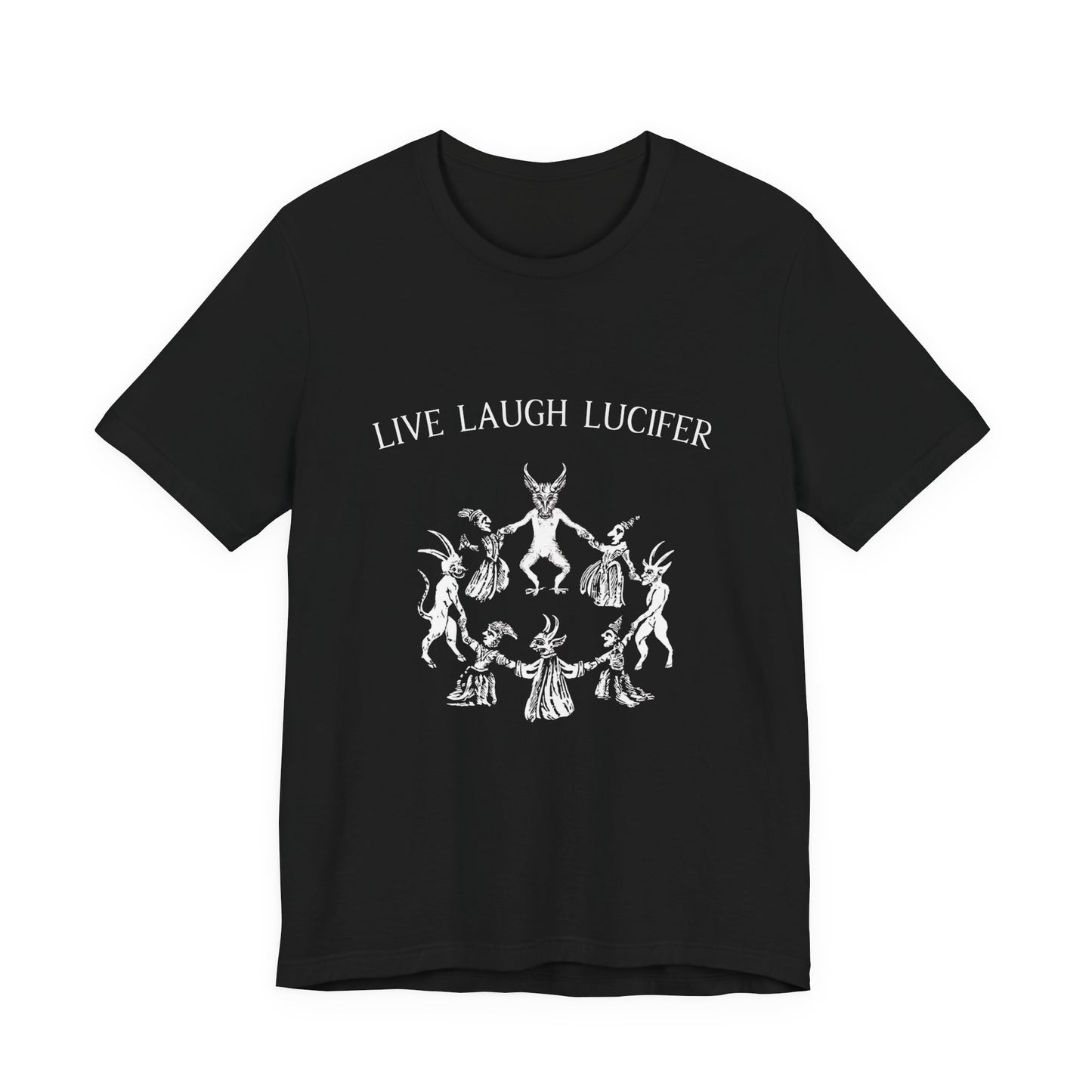 Live Laugh Lucifer Shirt, Funny Witchcraft Tee, Witches Sabbath Graphic, Dancing with the Devil Art, Occult Medieval Woodcut Top