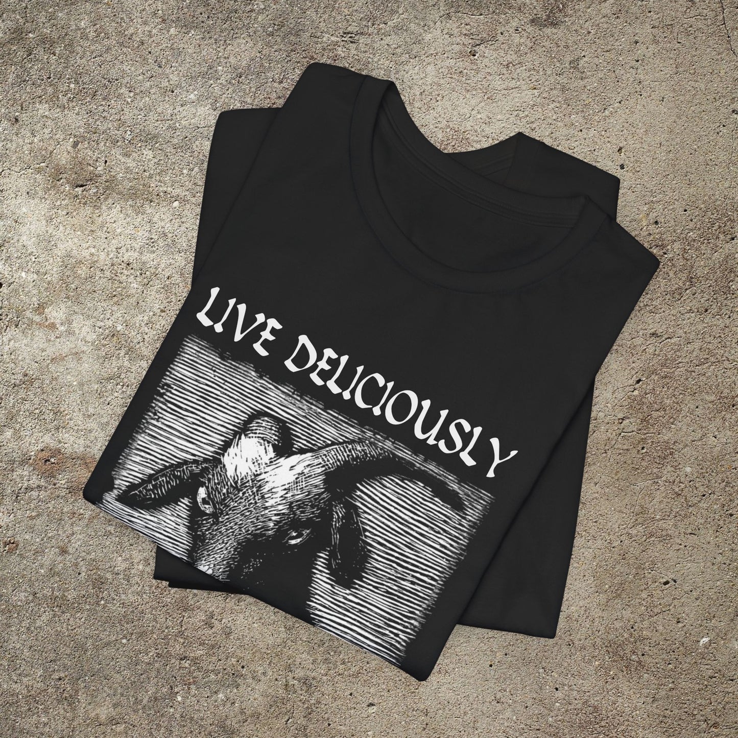 Live Deliciously Graphic Print Unisex T-shirt, Black Phillip, Witches Sabbath Tee, Witchcraft Occult Goat Top