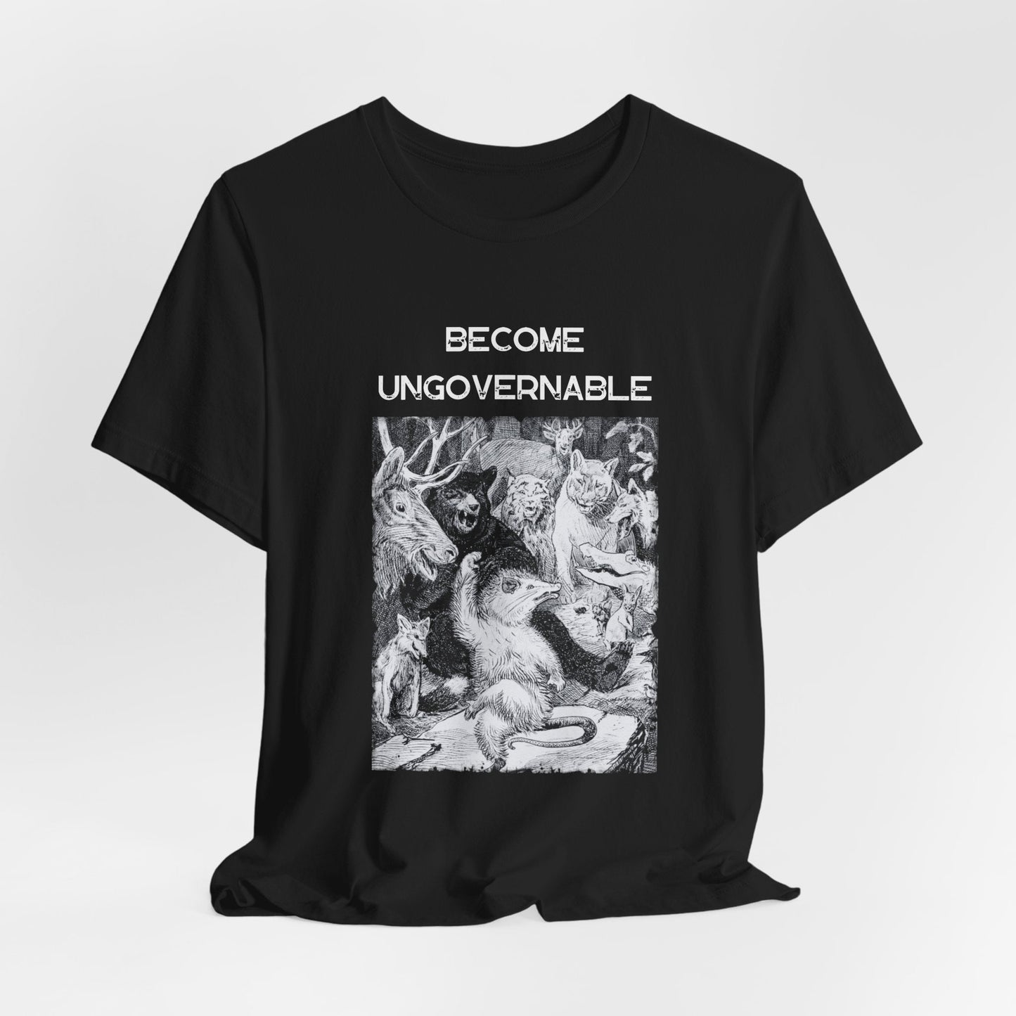 become ungovernable, dancing forest animals t-shirt, anarchistunisex tee, funny revolutionary t-shirt