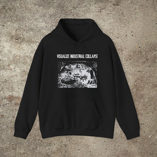 Visualize Industrial Collapse, Anarchist Unisex Hoodie, Anti Capitalist Graphic Hooded Top