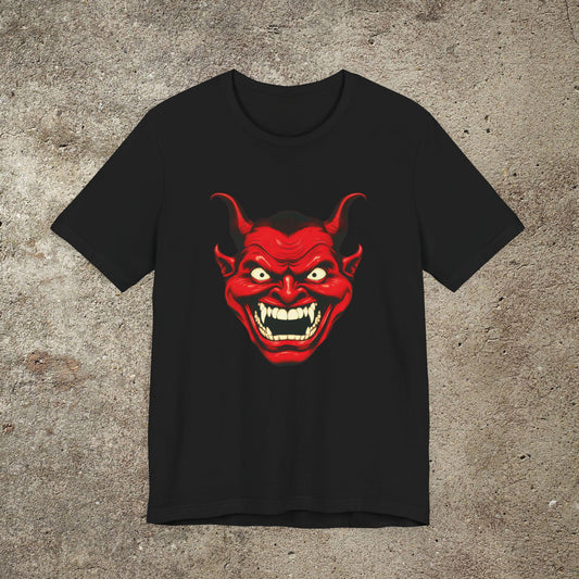 Red Devil Smiling Face Unisex Graphic Top, Occult Devil Satan Tee, Smiling Retro Satan Face T-Shirt