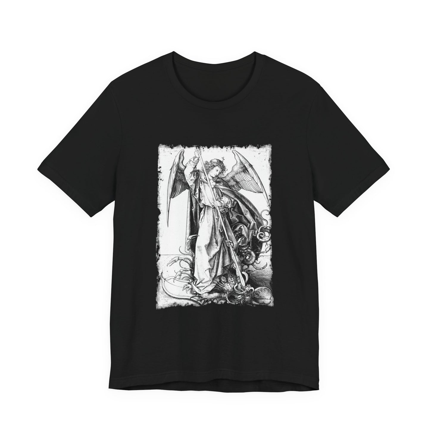 Saint Michael Slaying the Dragon Graphic Tee, Medieval Unisex Top, Gothic Print T-Shirt