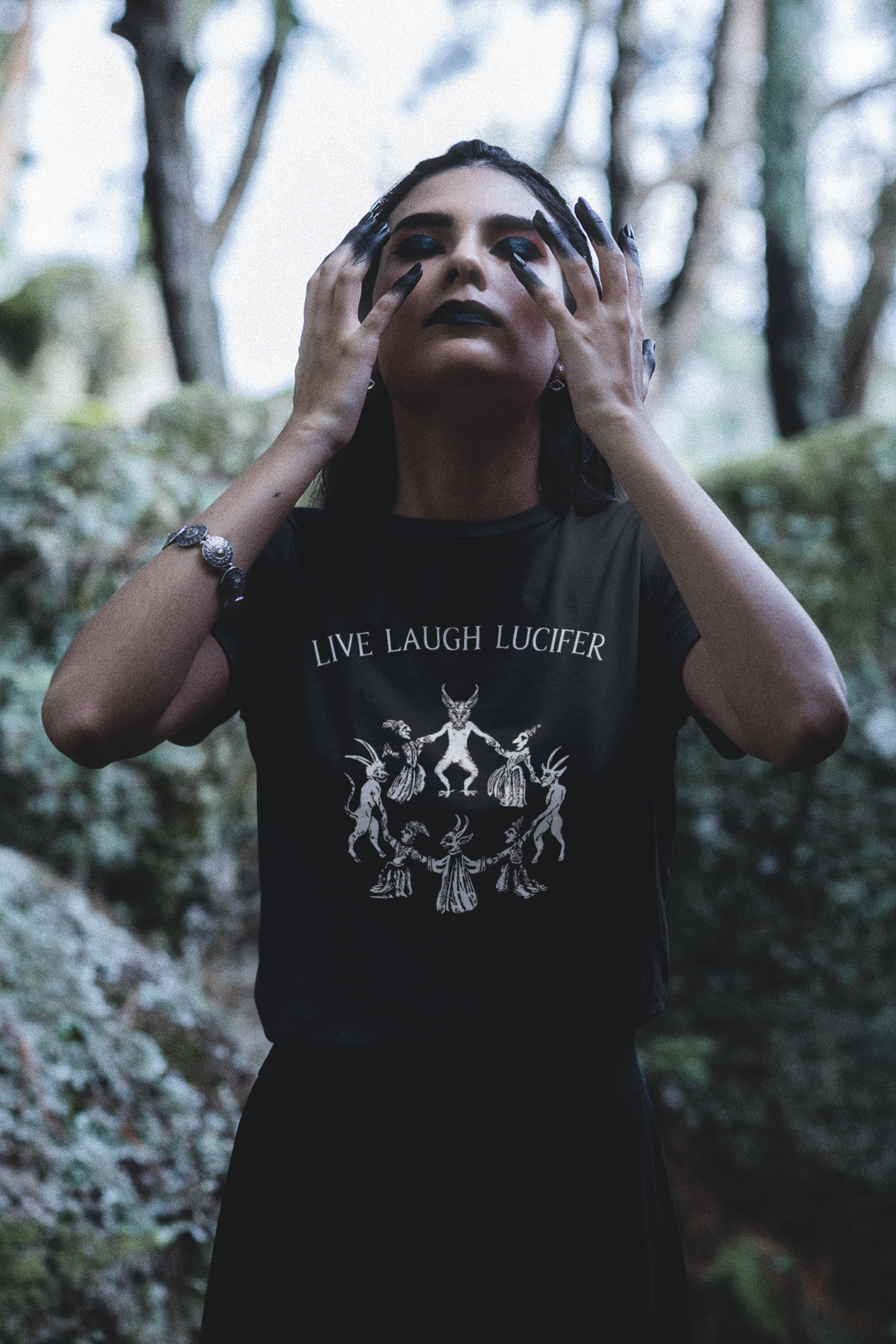 Live Laugh Lucifer Shirt, Funny Witchcraft Tee, Witches Sabbath Graphic, Dancing with the Devil Art, Occult Medieval Woodcut Top