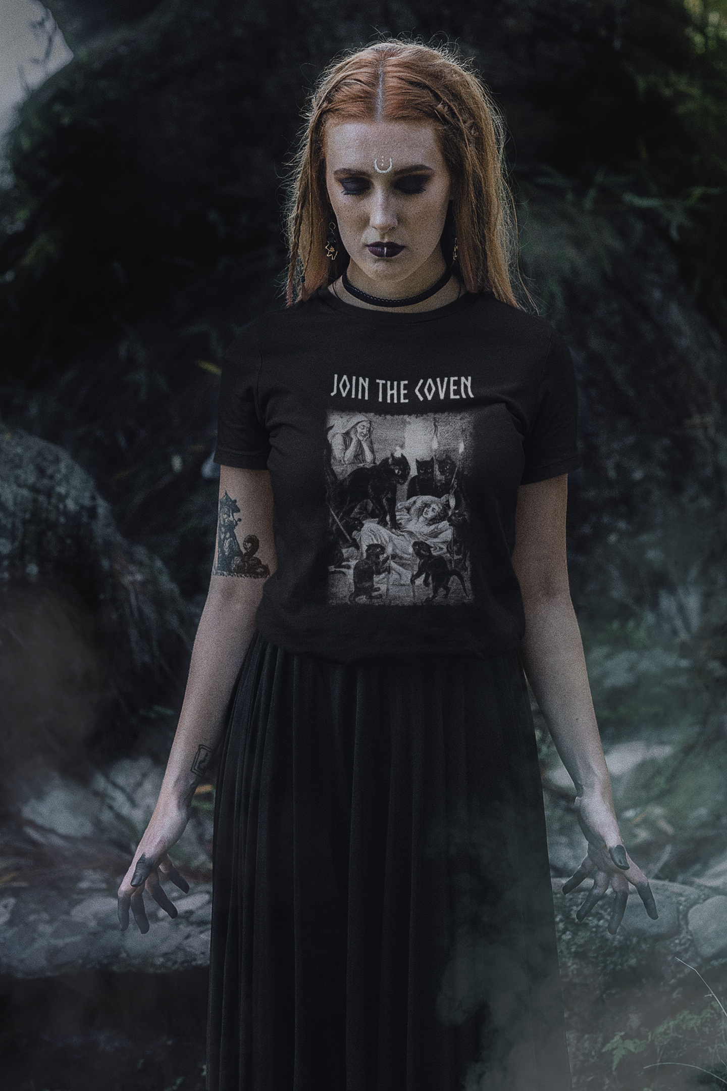join the coven, witchcraft graphic tee, black cat, black magic t-shirt