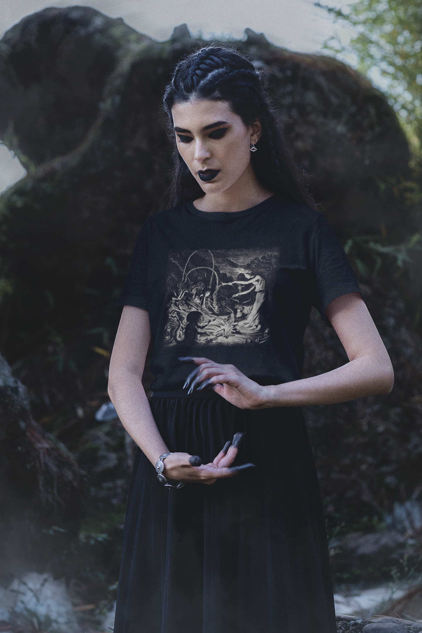 witchcraft graphic print t-shirt, occult tee, la sorcere, conjuring, witch print
