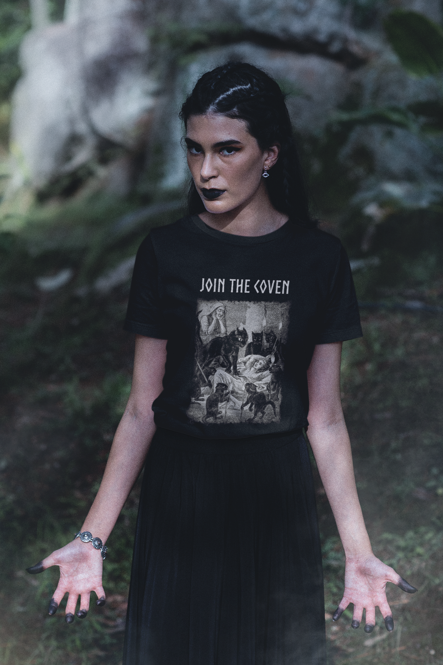 join the coven, witchcraft graphic tee, black cat, black magic t-shirt