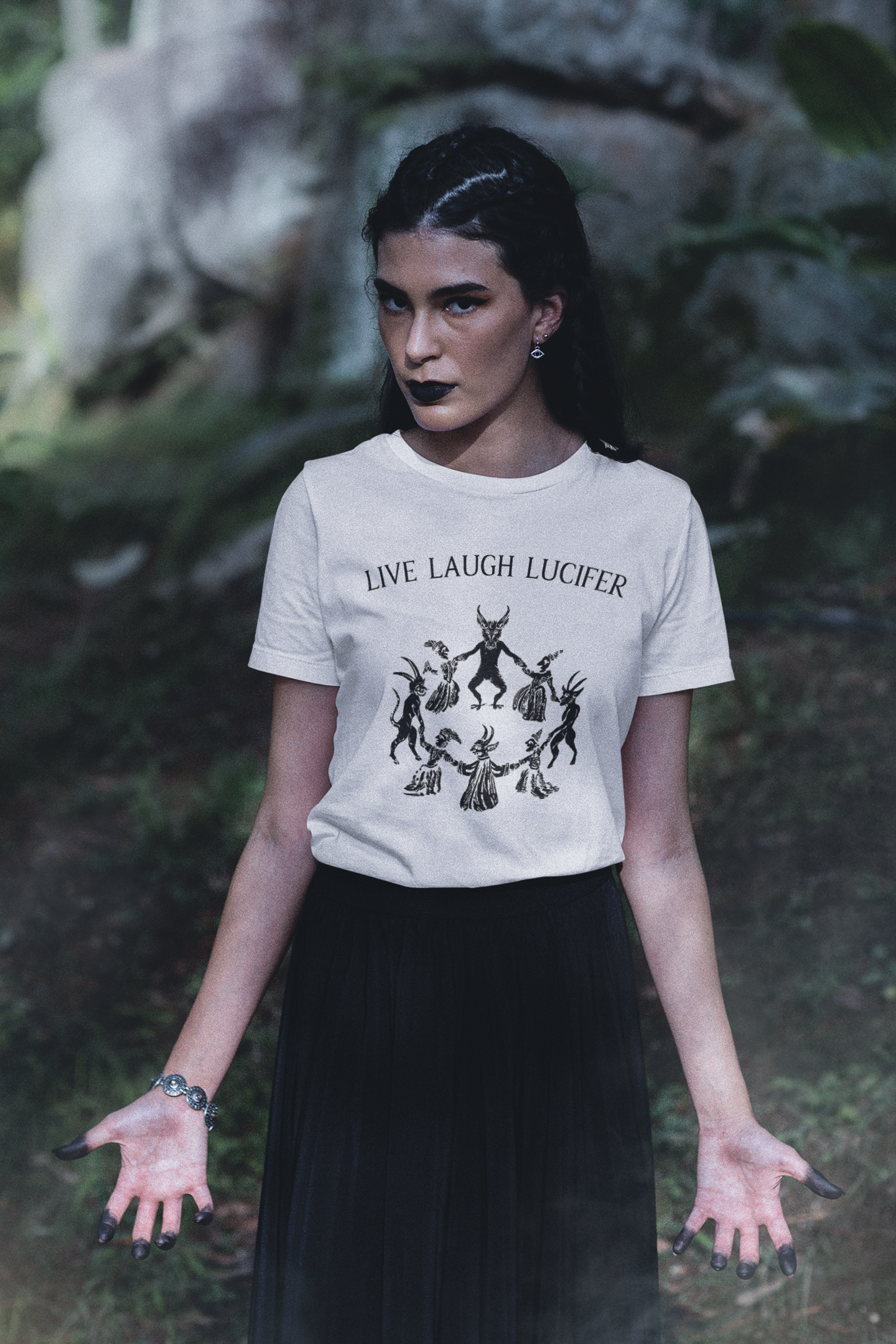 Live Laugh Lucifer Shirt, Funny Witchcraft Tee, Witches Sabbath Graphic, Dancing with the Devil Art, Occult Medieval Woodcut Top