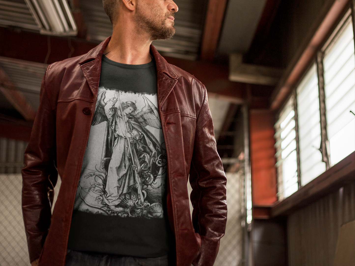 Saint Michael Slaying the Dragon Graphic Tee, Medieval Unisex Top, Gothic Print T-Shirt