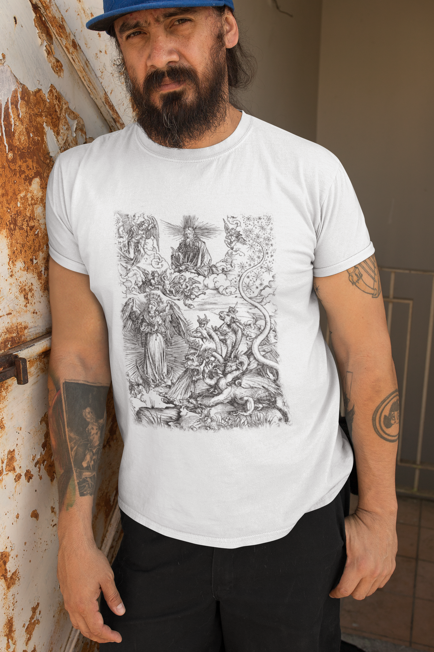 Woman of the Apocalypse and Dragon Woodcut Graphic Print, Dragon Print T-Shirt, Unisex Occult Tee