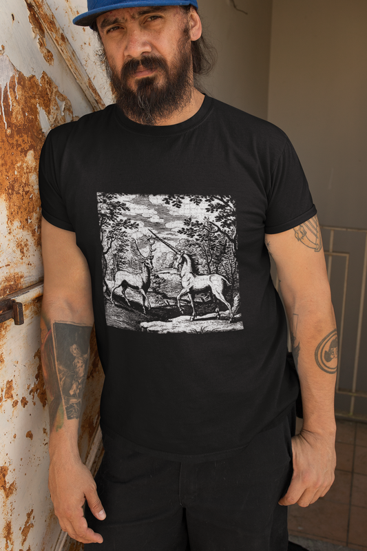 Alchemy Unicorn and a Deer Graphic Print T-Shirt, Mythical Creature Novelty Shirt, Unisex Top