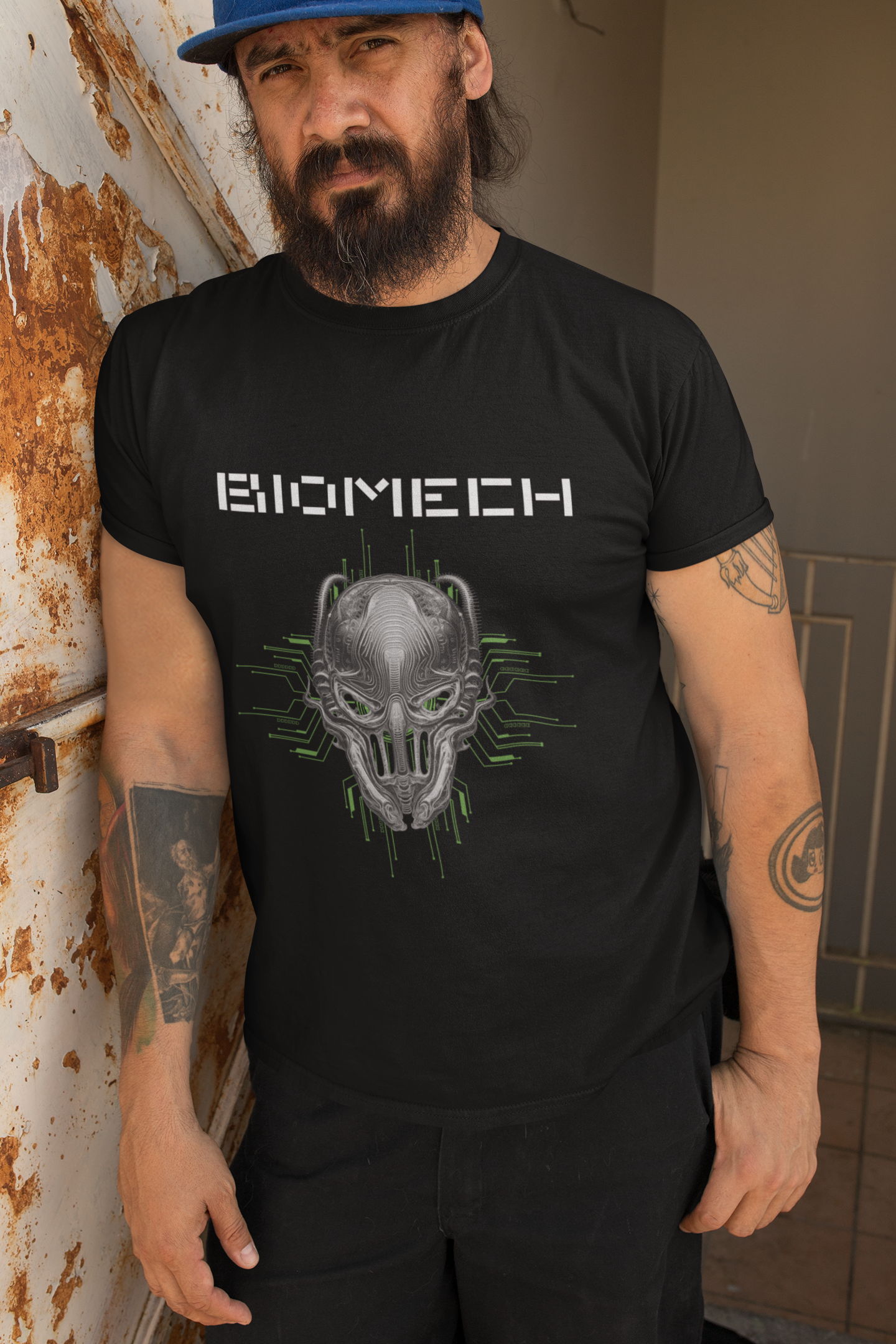 Biomechanoid Graphic Print T-Shirt, Cyborg Unisex Top, Futuristic Novelty Shirt