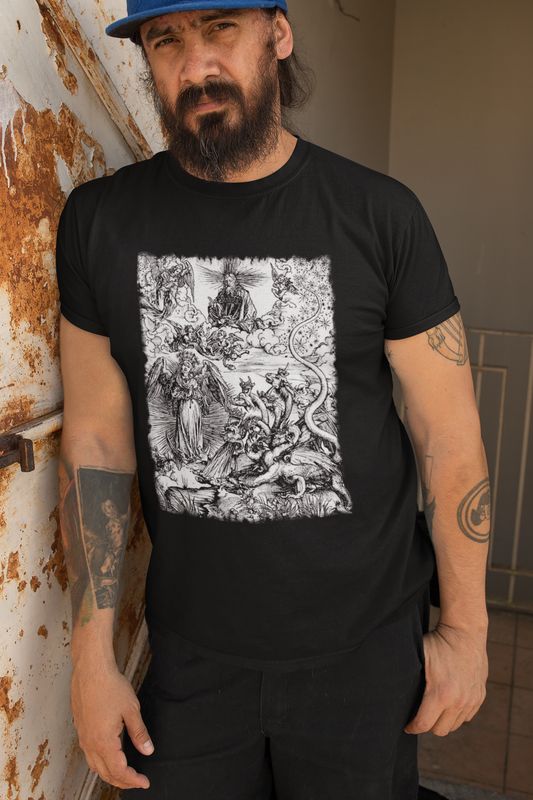 Woman of the Apocalypse and Dragon Woodcut Graphic Print, Dragon Print T-Shirt, Unisex Occult Tee