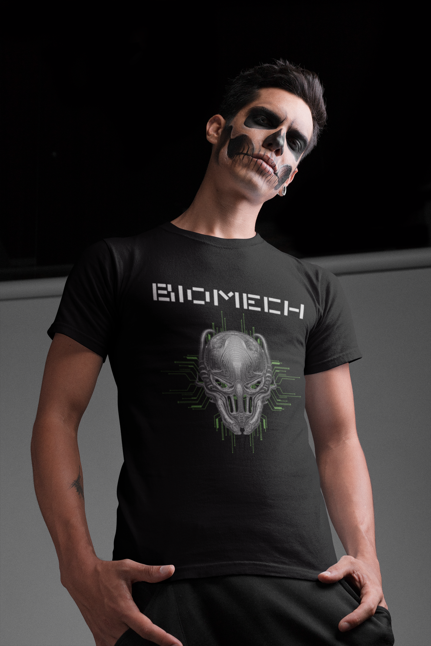 Biomechanoid Graphic Print T-Shirt, Cyborg Unisex Top, Futuristic Novelty Shirt
