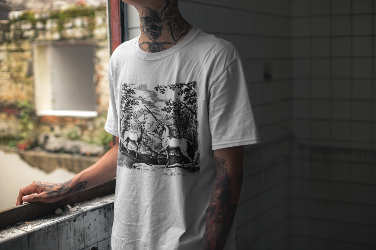 Alchemy Unicorn and a Deer Graphic Print T-Shirt, Mythical Creature Novelty Shirt, Unisex Top