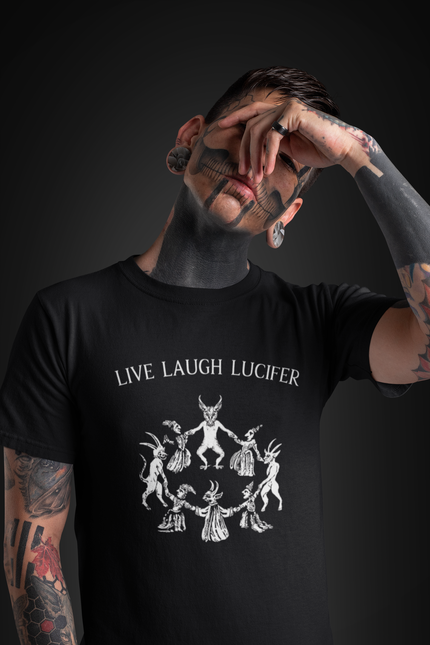 Live Laugh Lucifer Shirt, Funny Witchcraft Tee, Witches Sabbath Graphic, Dancing with the Devil Art, Occult Medieval Woodcut Top
