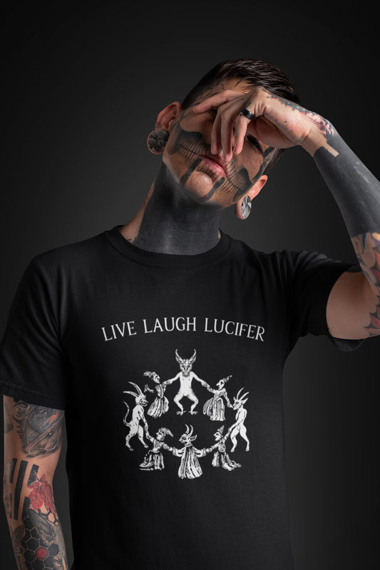 Live Laugh Lucifer Shirt, Funny Witchcraft Tee, Witches Sabbath Graphic, Dancing with the Devil Art, Occult Medieval Woodcut Top