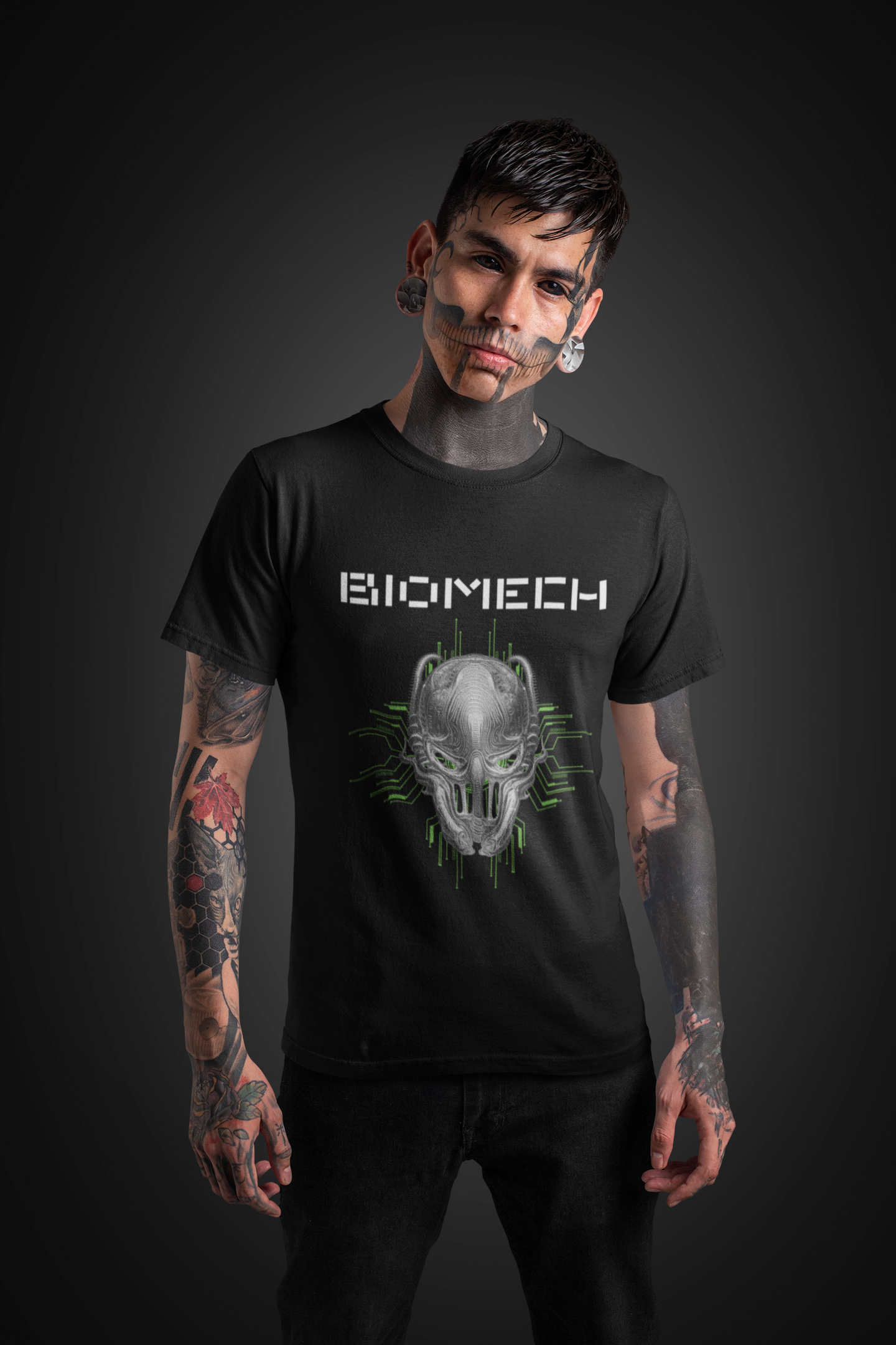 Biomechanoid Graphic Print T-Shirt, Cyborg Unisex Top, Futuristic Novelty Shirt