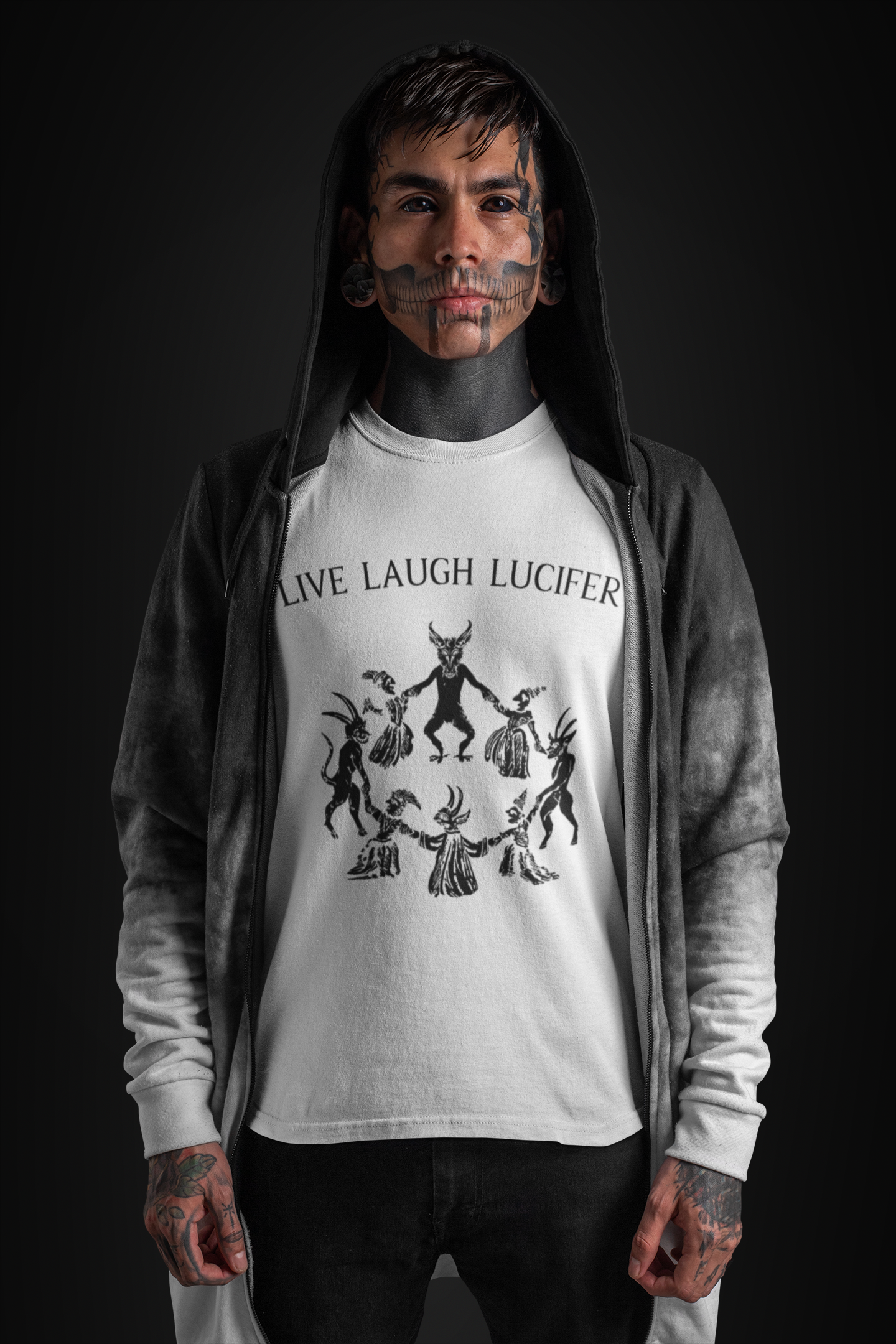Live Laugh Lucifer Shirt, Funny Witchcraft Tee, Witches Sabbath Graphic, Dancing with the Devil Art, Occult Medieval Woodcut Top