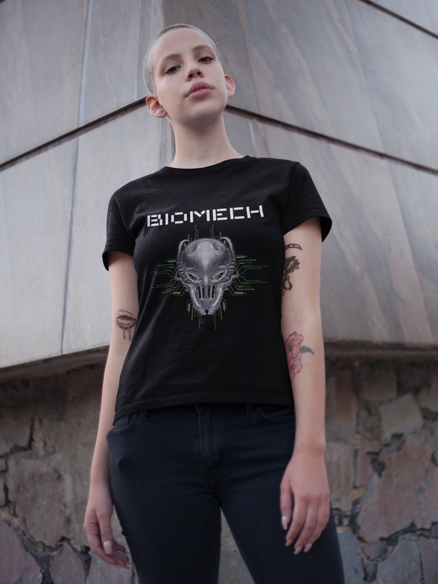 Biomechanoid Graphic Print T-Shirt, Cyborg Unisex Top, Futuristic Novelty Shirt