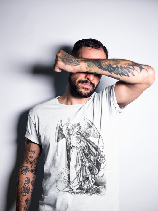 Saint Michael Slaying the Dragon Graphic Tee, Medieval Unisex Top, Gothic Print T-Shirt