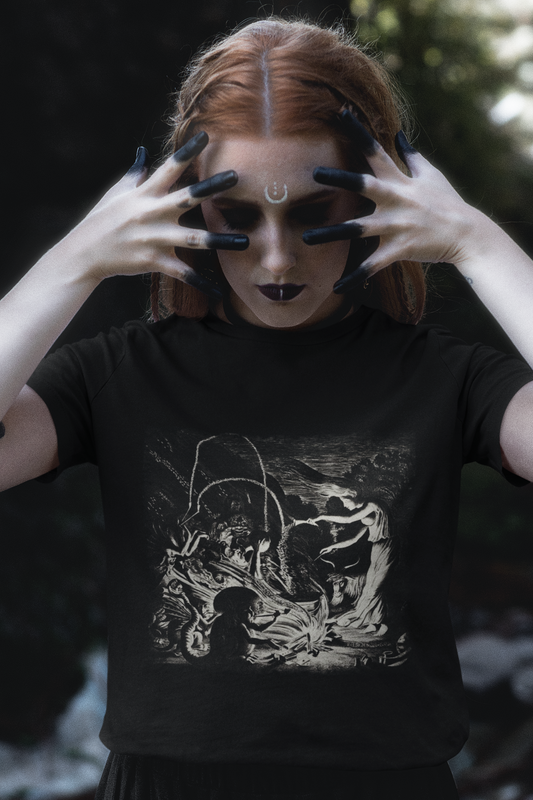 witchcraft graphic print t-shirt, occult tee, la sorcere, conjuring, witch print